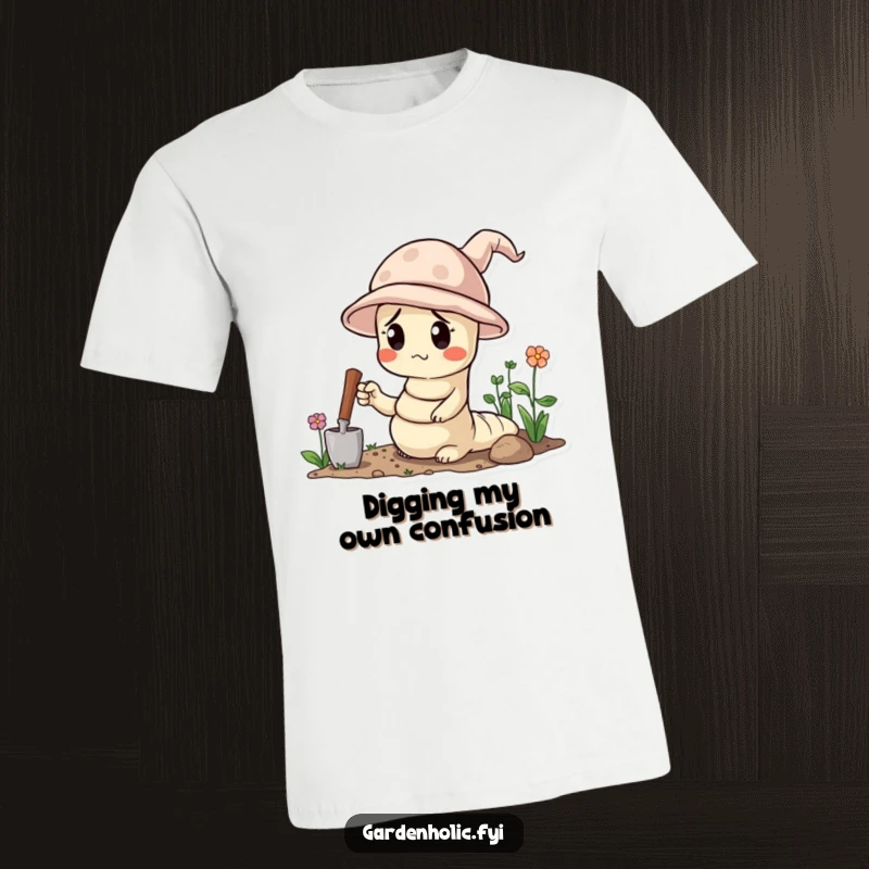 Funny t-shirt graphic of a confused worm with a tiny gardening hat and trowel, looking bewildered by gardening tasks.
