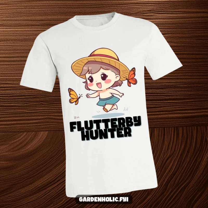 Funny t-shirt showing a character in a straw hat, excitedly chasing a butterfly, capturing lighthearted pursuit.