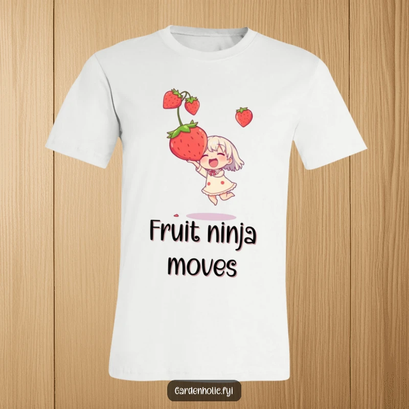 Funny t-shirt depicting a character joyfully catching an oversized strawberry, celebrating delight and abundance.