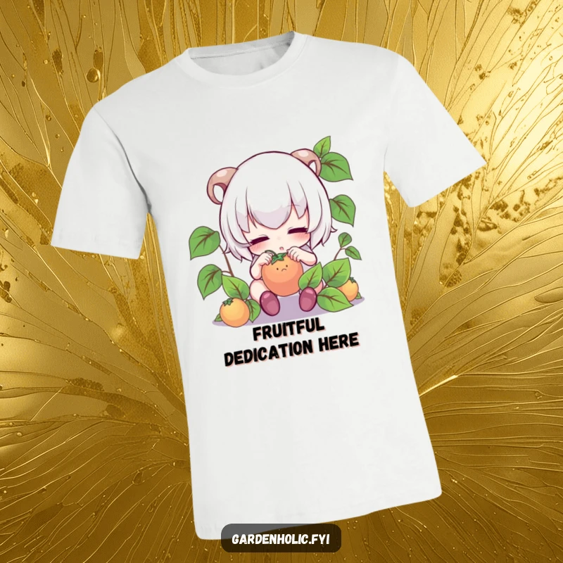 Funny t-shirt: Cute character with intense focus, gently caring for a tiny, developing fruit.
