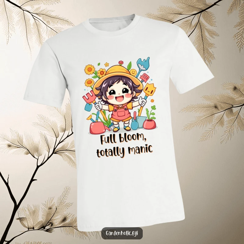 Funny t-shirt featuring a joyful, high-energy character bursting with excitement amidst a colorful array of gardening tools.