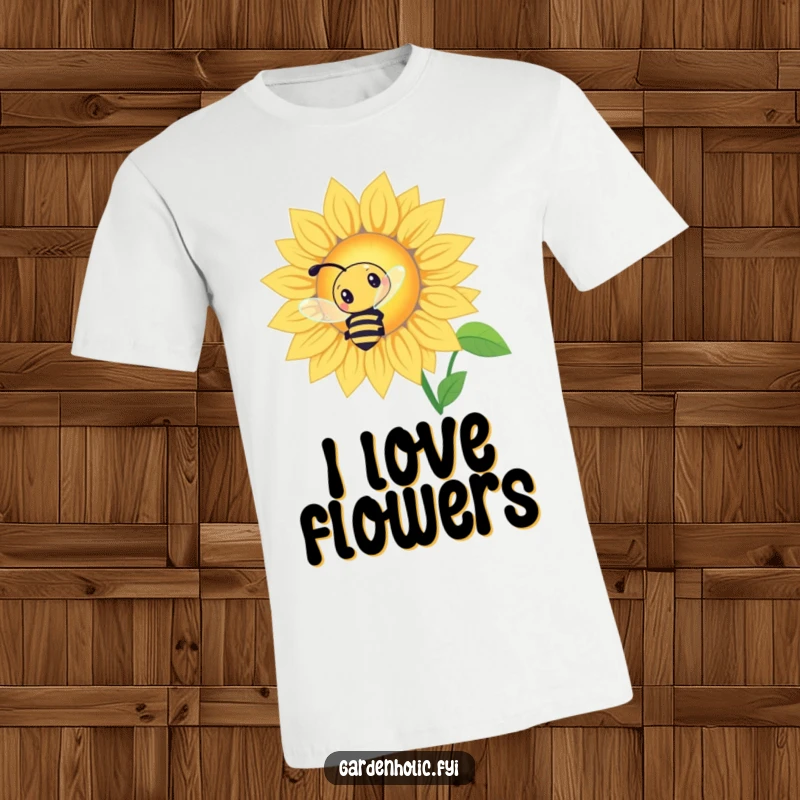 Funny Bee Sunflower T-Shirt: A curious bee buzzing around a giant glowing sunflower, nature inspired.
