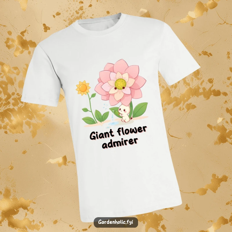 Funny T-Shirt: Small creature happily watering a giant, vibrant blooming flower, capturing a whimsical gardening scene, an ideal funny gift.