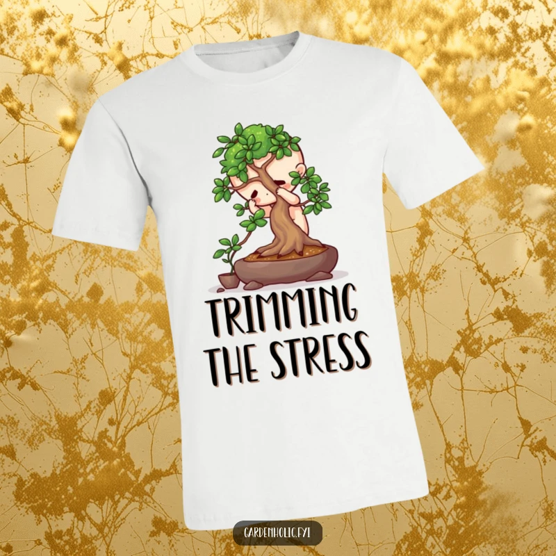 Funny t-shirt featuring a playful character intensely focused on pruning a miniature bonsai tree, symbolizing patience and mindfulness.