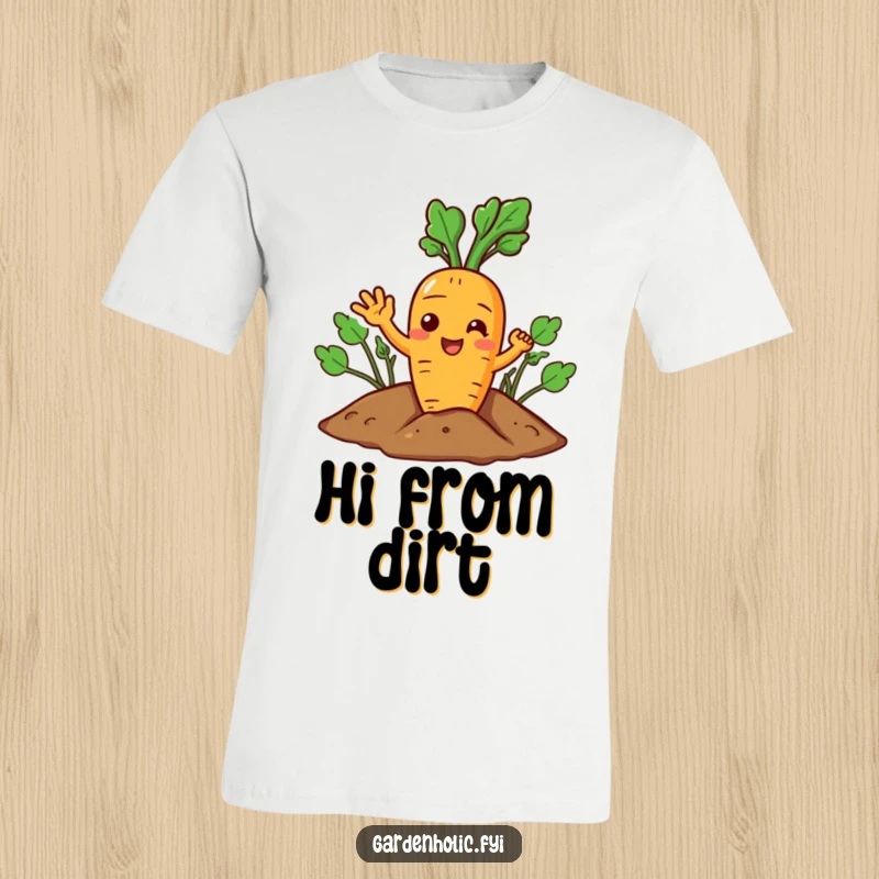 Funny Carrot T-Shirt: A joyful character giving a cheerful wave from the soil, garden themed.