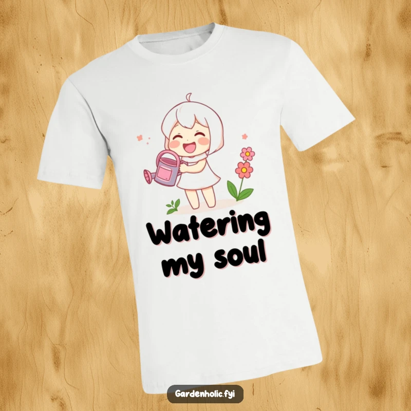 Funny t-shirt with a cute character joyfully watering a small, blooming flower with a tiny watering can.