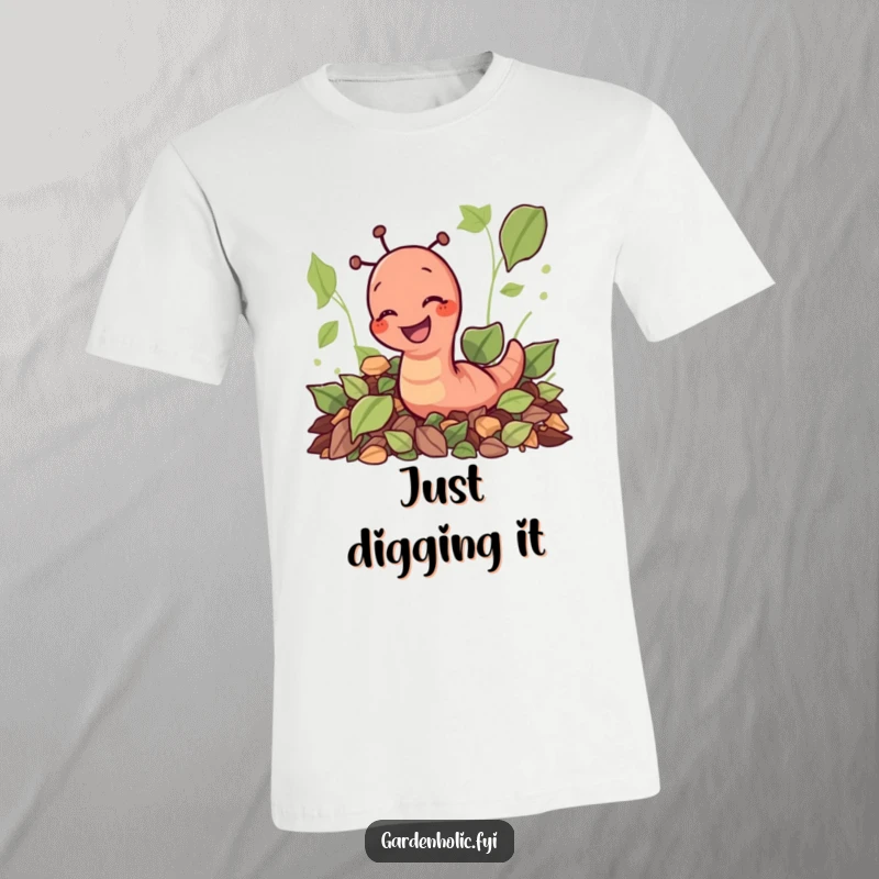 Funny giggling earthworm character digging through leaves on a soft t-shirt, a fun garden humor gift.