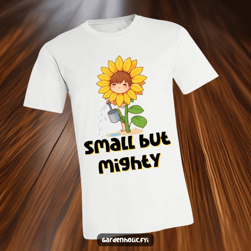 Funny t-shirt with a small, joyful character watering a giant sunflower, symbolizing growth and happiness.