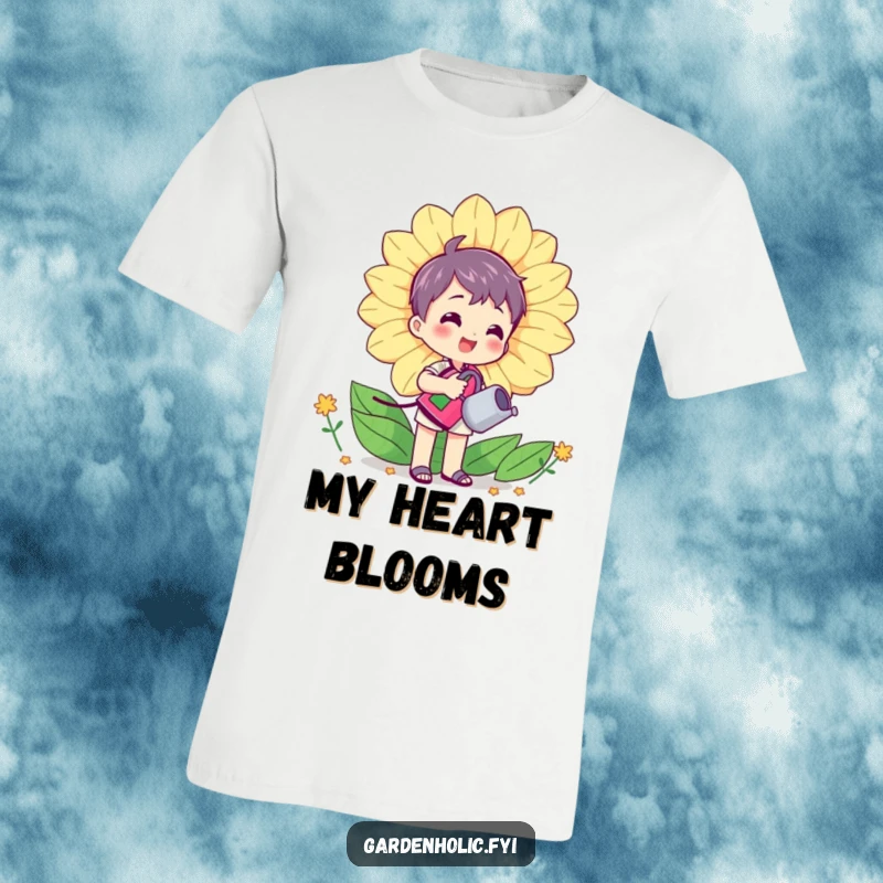 Funny T-Shirt: A character exuberantly waters a massive, smiling flower with a small watering can, celebrating the joy of nurturing nature.