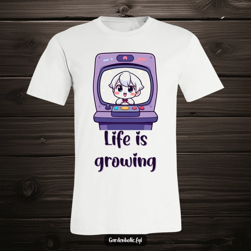 Funny t-shirt: Charming character looking surprised and delighted, observing a small, newly sprouted seedling.