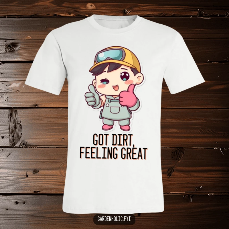 Funny t-shirt of a character wearing gardening gloves and giving a positive thumbs up, celebrating a job well done in the garden.