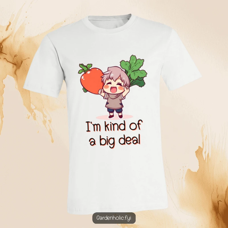 Funny t-shirt with an ecstatic character showcasing an enormous, brightly colored vegetable, perfect for gardening enthusiasts and food lovers.