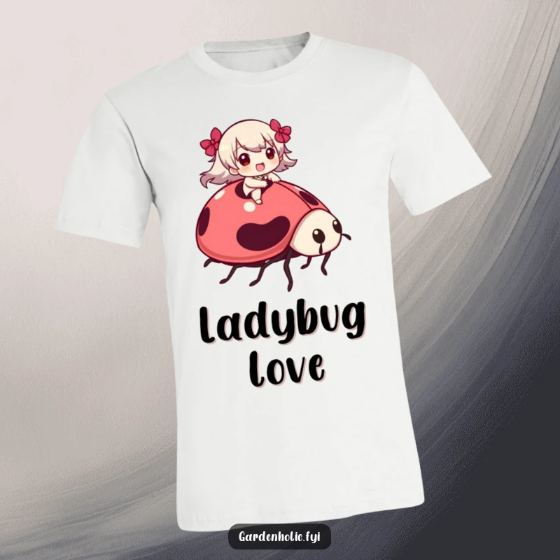 Funny T-Shirt: A character joyfully rides on the back of a giant ladybug, a whimsical and humorous nature scene.