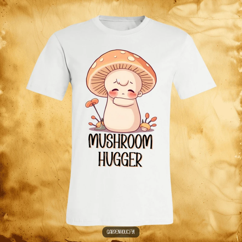 Funny T-Shirt: Character with rosy cheeks hugging a giant, soft mushroom, showcasing a sweet and humorous connection with nature.