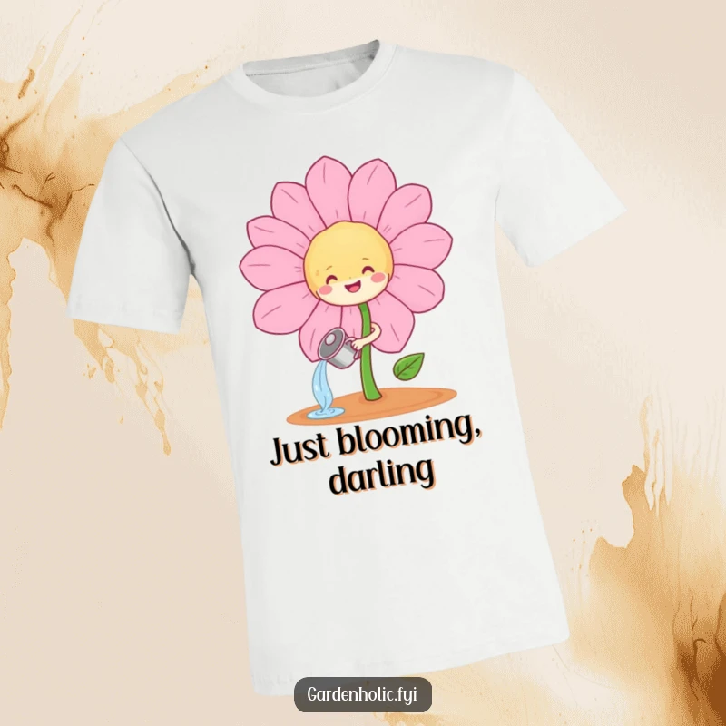 Funny happy sprout character joyfully watering a huge, smiling flower on a comfortable t-shirt, a gardening humor gift.