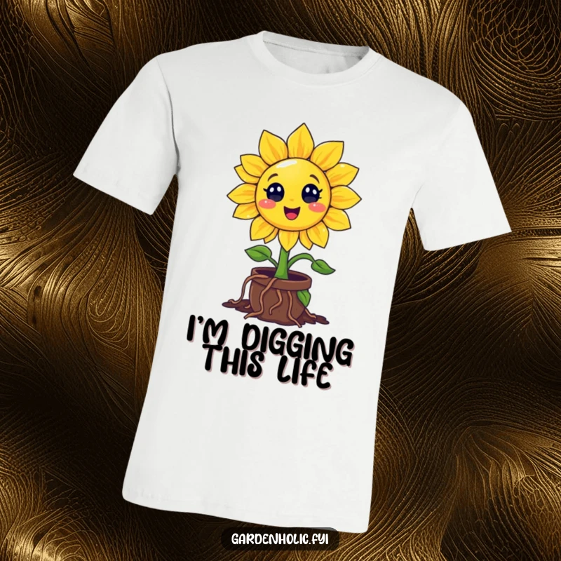 Funny Sunflower T-Shirt: Character Enthusiastically Digging Roots into a Small Pot, Perfect Humorous Plant Gift