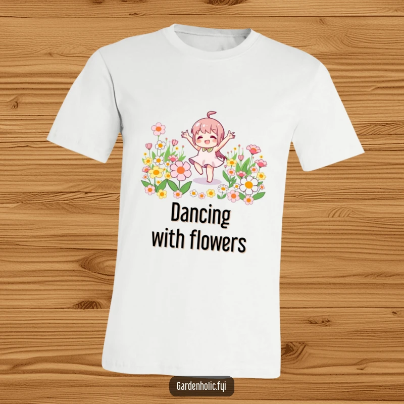 Funny t-shirt featuring a little character doing a victory dance amongst blooming flowers, expressing pure joy and celebration.