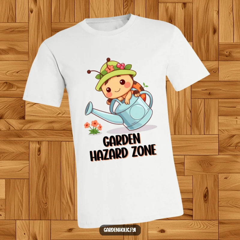 Funny t-shirt depicting a chubby ladybug wearing a small gardening hat, tripping over a large watering can. Garden apparel.