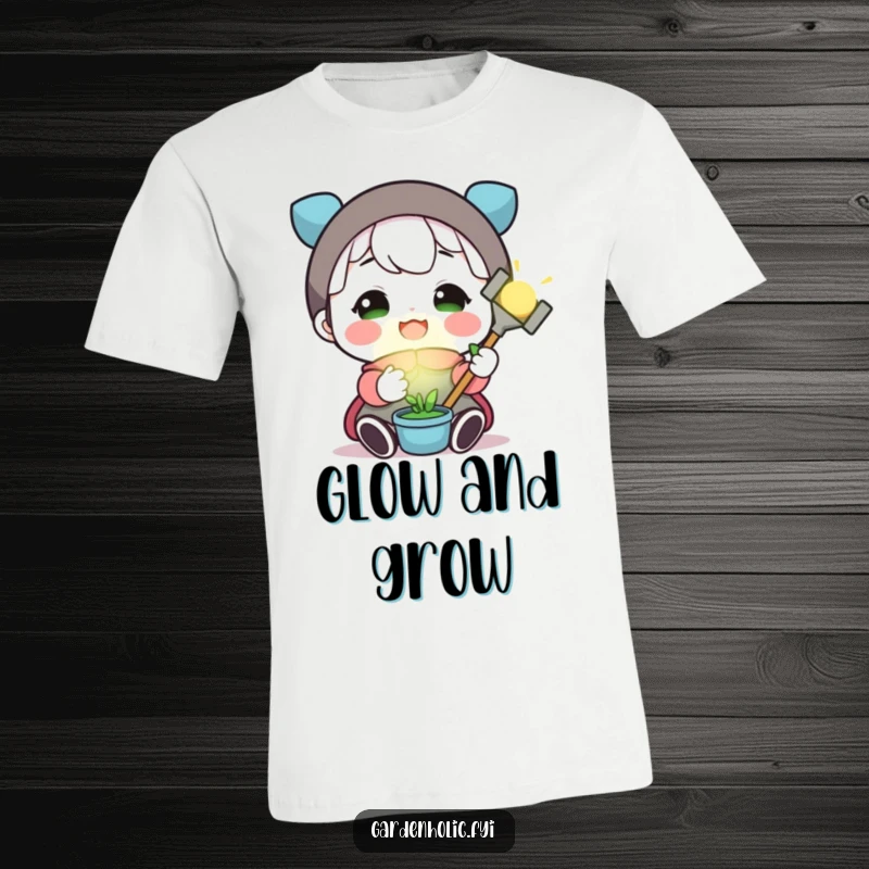 Funny t-shirt with a cheerful character holding a small, radiant gardening tool, expressing immense happiness for gardening.