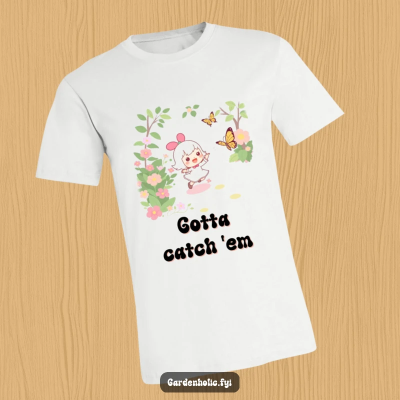 Funny t-shirt depicting a character joyfully pursuing a delicate butterfly amidst colorful garden blooms, full of lighthearted fun.