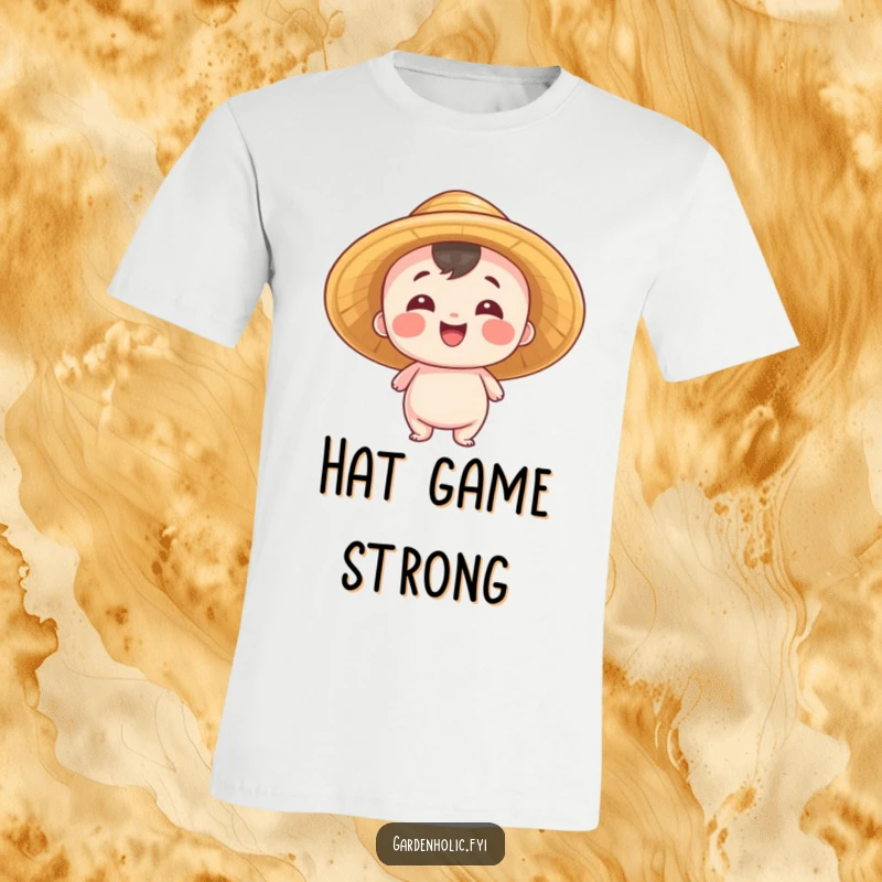 Funny T-Shirt: Small entity wearing a straw hat, beaming with pride, perfect for celebrating achievements with humorous flair, an ideal funny gift.