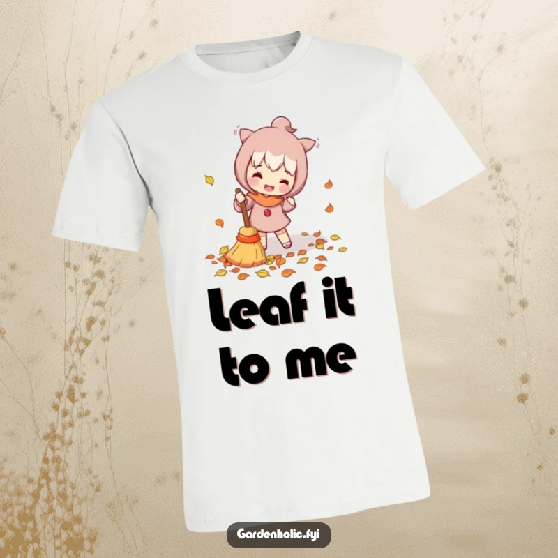 Funny T-Shirt: Character enthusiastically sweeping fallen leaves with a tiny broom, showcasing a diligent and humorous autumn scene.
