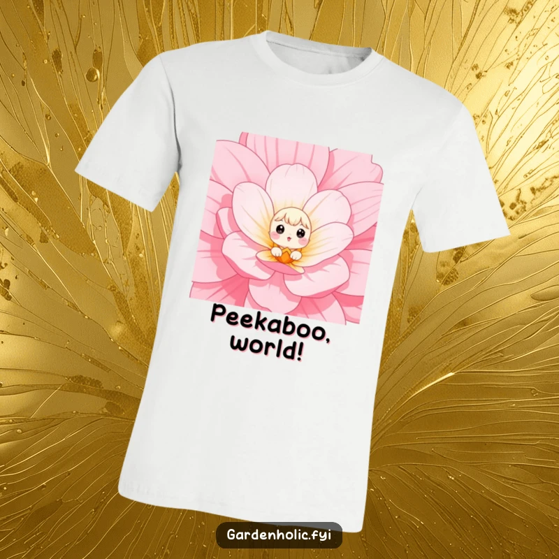 Funny T-Shirt depicting a small character with wide eyes curiously peeking out from a large, vibrant flower, embodying surprise.
