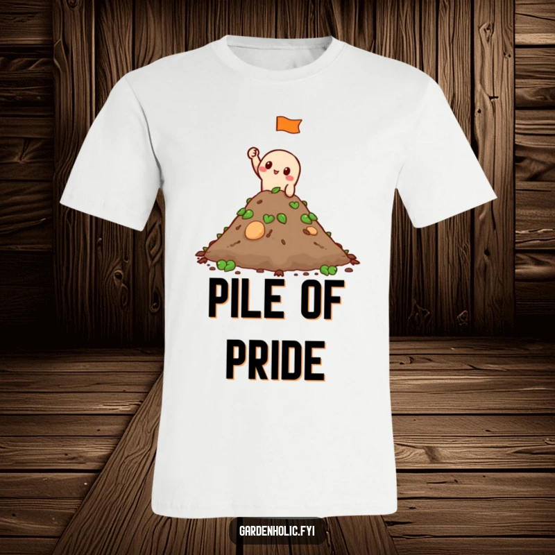 Funny T-Shirt: A character stands proudly atop a compost heap, waving a tiny flag in a humorous display of achievement.