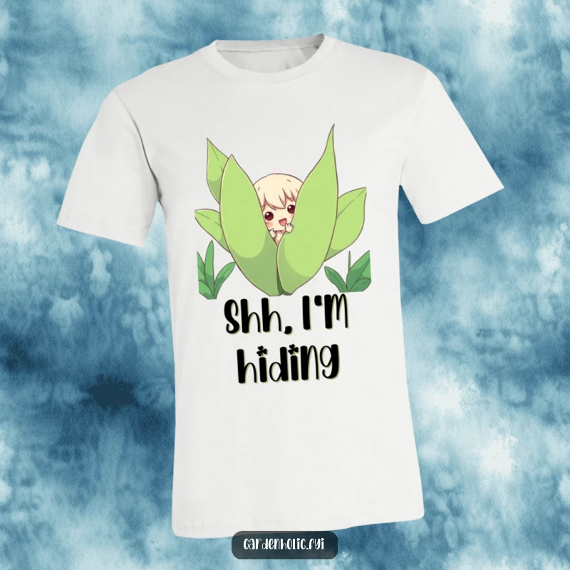 Funny T-Shirt: Character playfully peeking out from behind a large, leafy plant, showcasing a cute and humorous garden surprise.