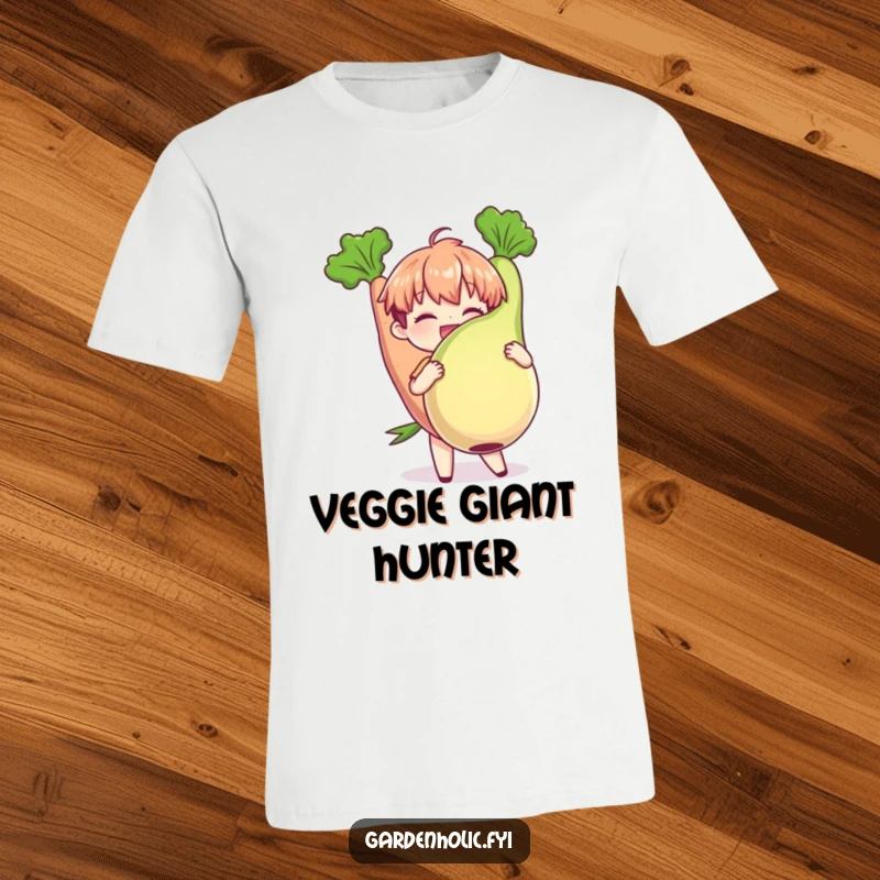 Funny T-Shirt: Character gleefully holding a plump, oversized vegetable, showcasing a successful harvest with humorous pride, an ideal funny gift.