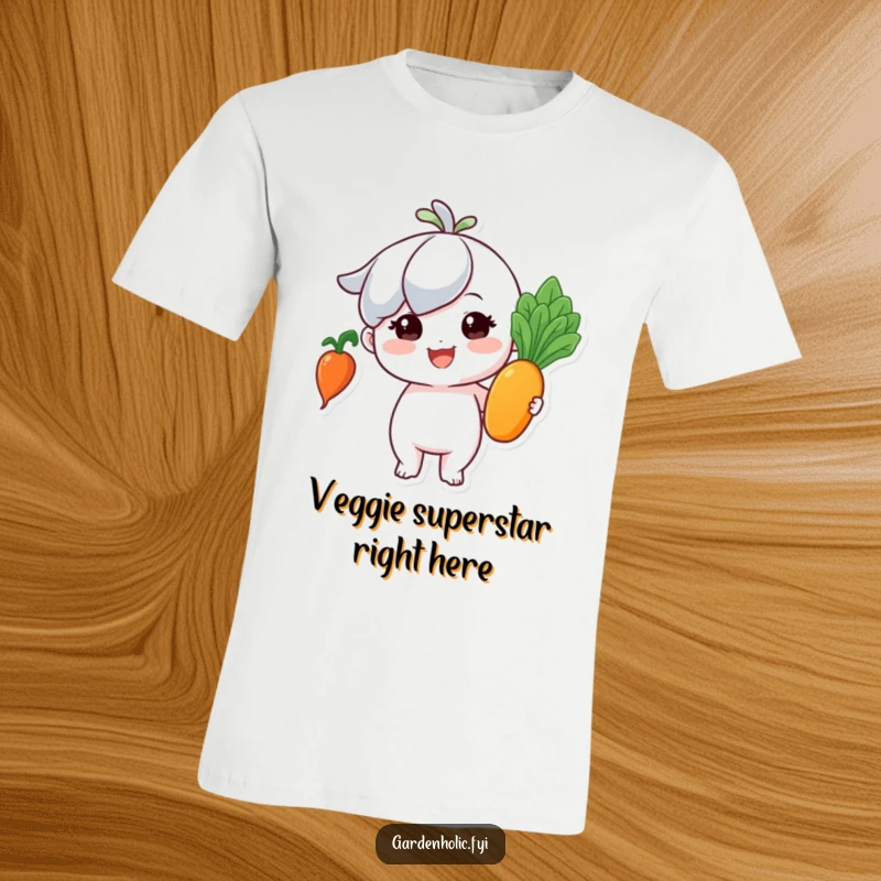 Funny t-shirt: Tiny character beaming with pride, holding a flawless, shiny vegetable, celebrating a successful harvest.