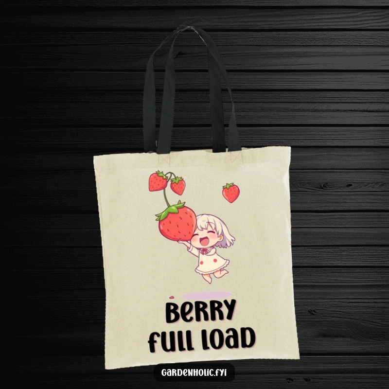 Funny tote bag with a character joyfully catching an oversized strawberry, perfect for fruity humor.