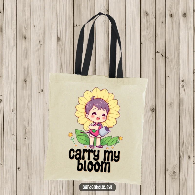 Funny tote bag showcasing a character happily watering a huge, smiling flower with a mini watering can, perfect for carrying garden supplies.