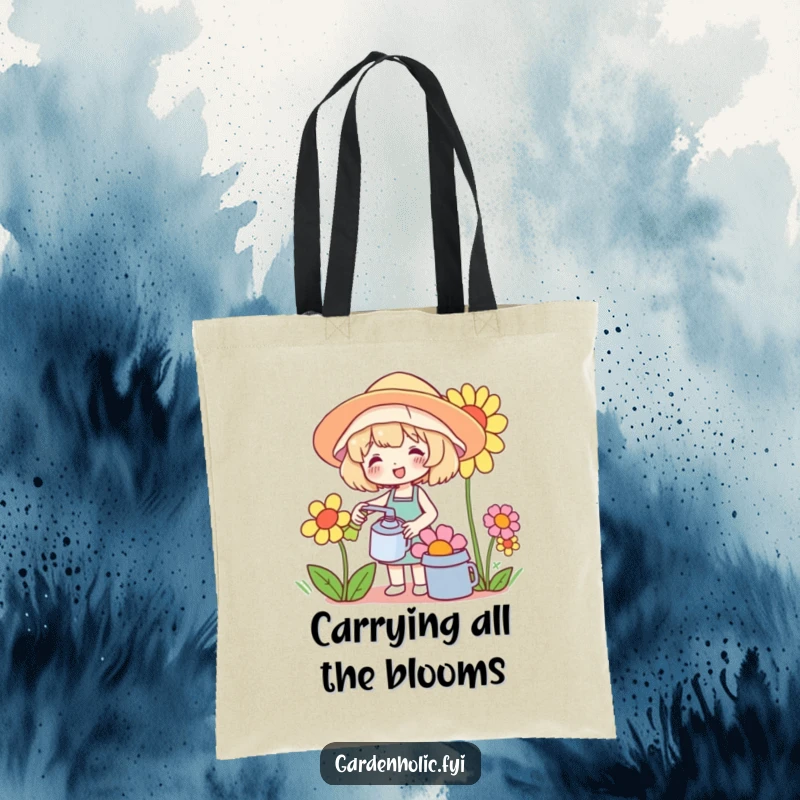 Funny tote bag showing a cute character in a sunhat watering a comically oversized flower, perfect for gardeners on the go.