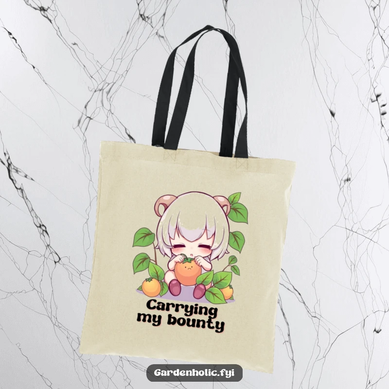Funny tote bag: Cute character intensely focused, gently tending to a tiny fruit, perfect for gardeners.