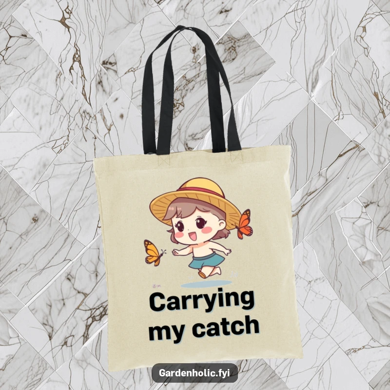 Funny tote bag with a character in a straw hat excitedly chasing a butterfly, perfect for whimsical humor.