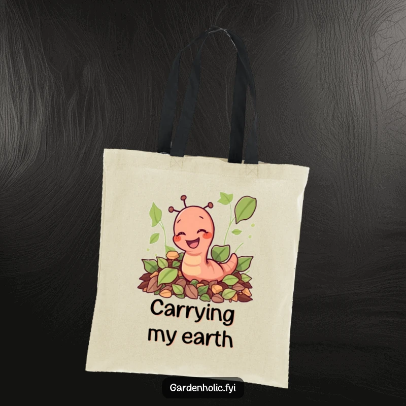 Funny giggling earthworm character digging through autumn leaves on a durable tote bag, a funny garden accessory gift.