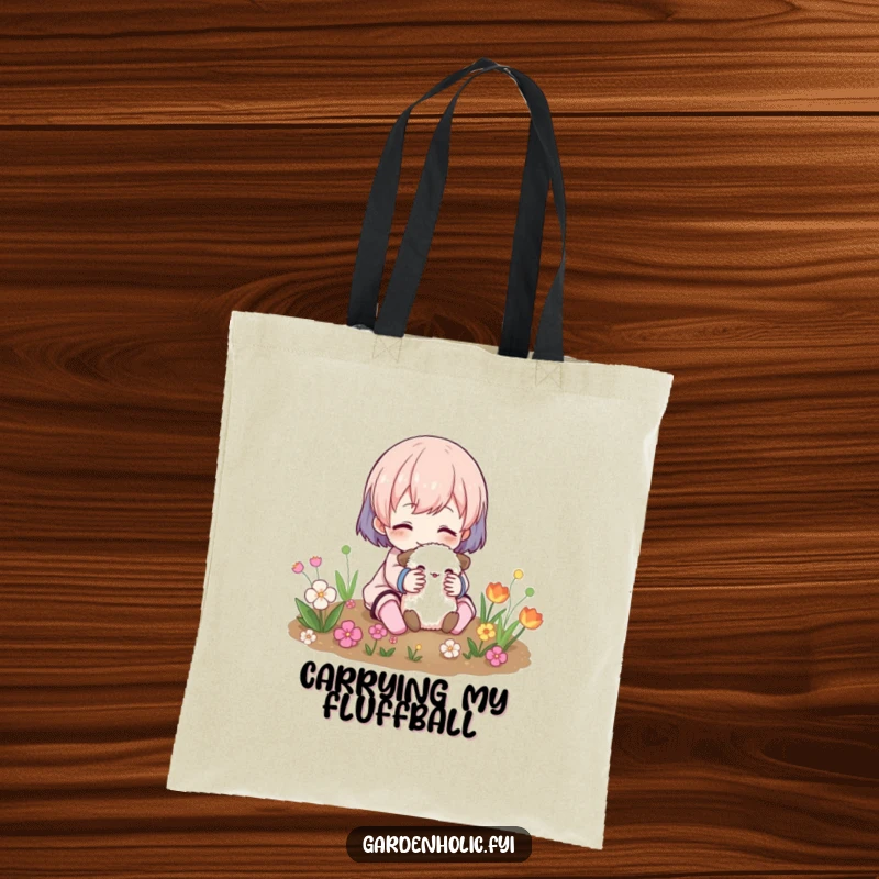 Funny Tote Bag: A character is depicted happily hugging a small, fuzzy creature amidst a garden patch.