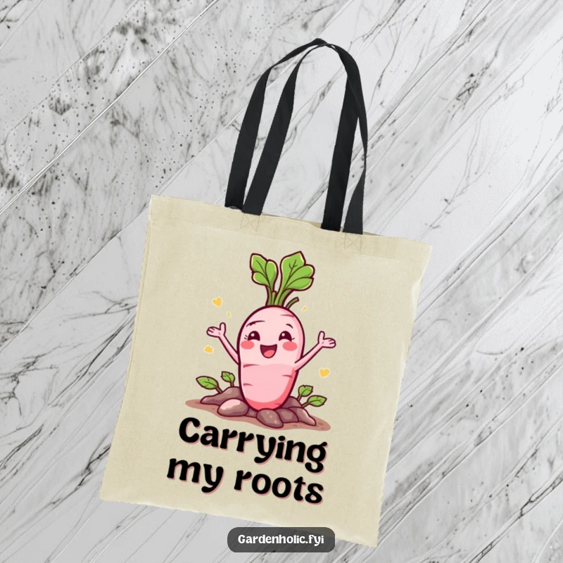 Funny Radish Tote Bag: A happy character bursting from the ground with a flourish, great for shopping.
