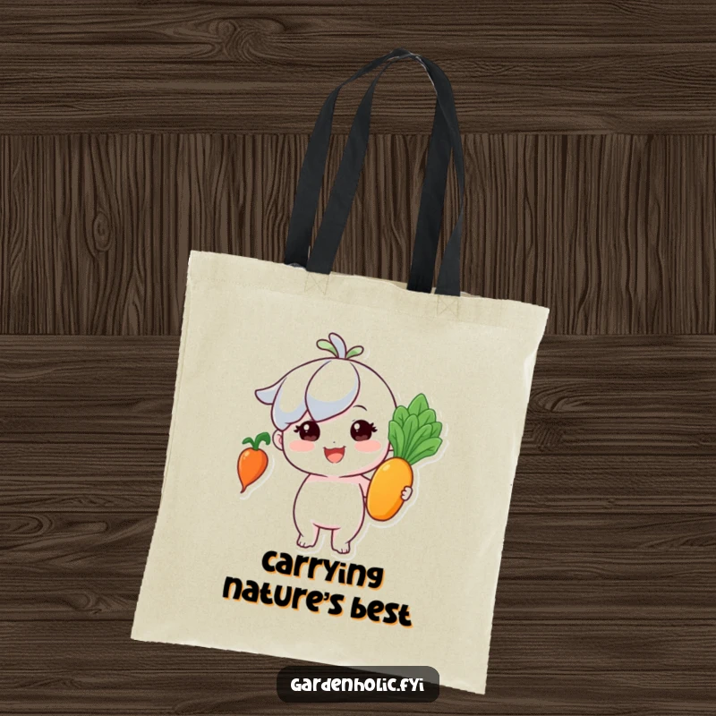 Funny tote bag: Tiny character beaming with pride, holding a perfect, shiny vegetable, ready for groceries.