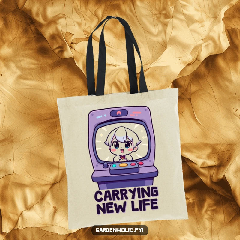 Funny tote bag: Charming character looking surprised and delighted at a newly sprouting seedling, ready for gardening.