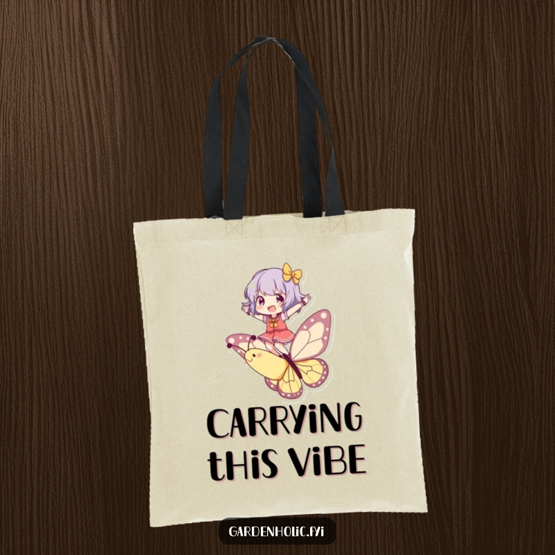 Funny Tote Bag: Character joyfully balancing on a playful butterfly, ideal for stylish, humorous, and whimsical everyday carrying.