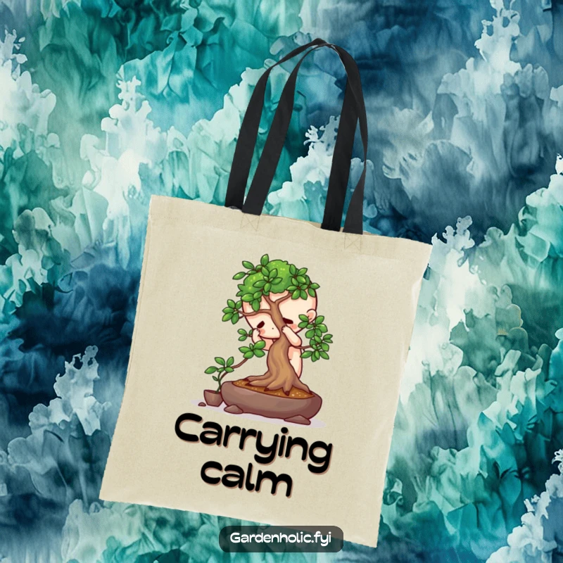 Funny tote bag with a playful character intensely focused on pruning a miniature bonsai tree, great for carrying essentials.