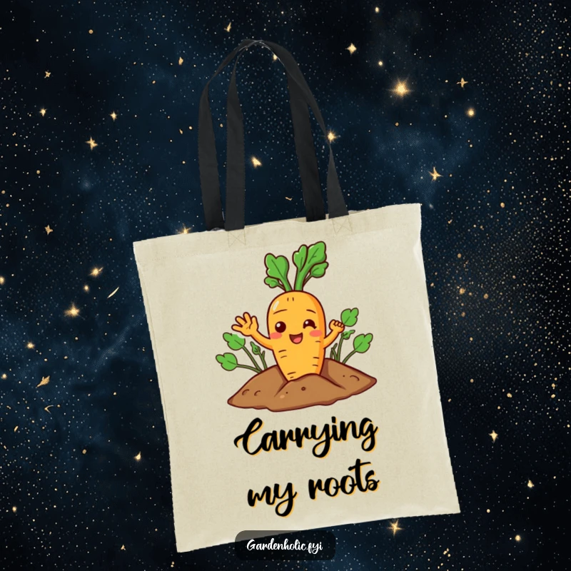 Funny Carrot Tote Bag: A joyful character giving a cheerful wave from the soil, great for shopping.