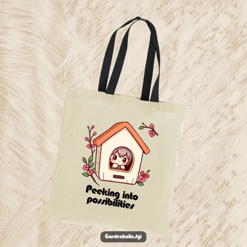 Funny tote bag with a curious character peeking into a small birdhouse, stylishly carrying humor and essentials.
