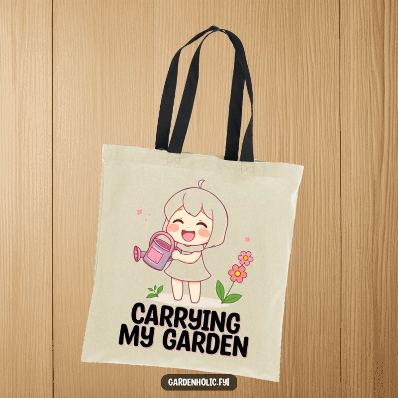 Funny tote bag showing a cute character joyfully watering a small blooming flower with a tiny watering can, great for errands.