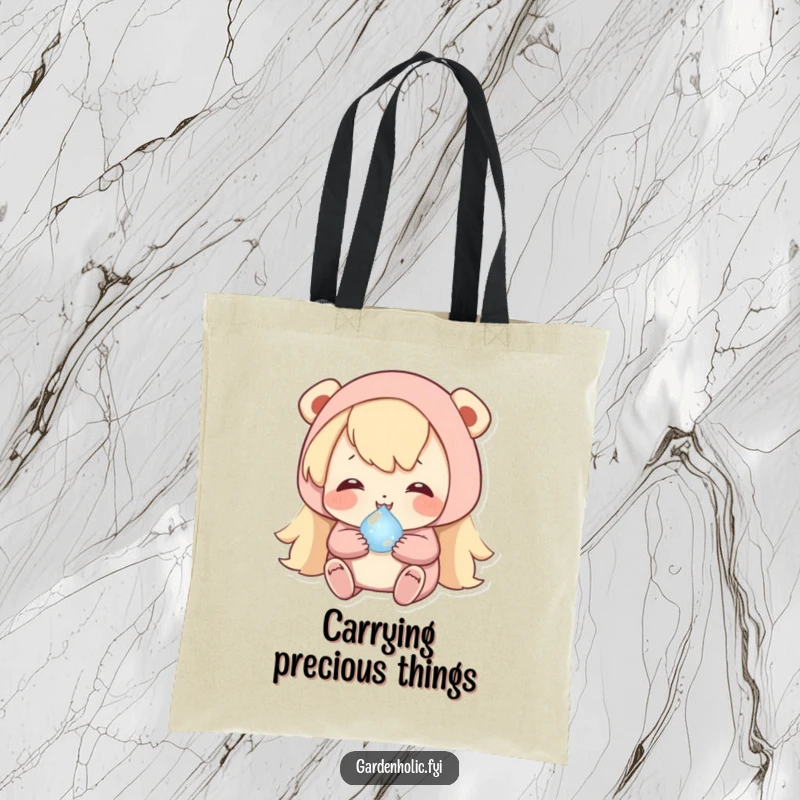 Funny tote bag with a happy character carefully cradling a tiny, shimmering dewdrop, perfect for serene humor.