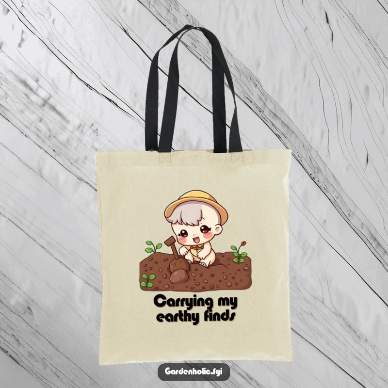 Funny Tote Bag: Cute character digging enthusiastically in soil, a practical and humorous accessory for gardeners, making a great funny gift.
