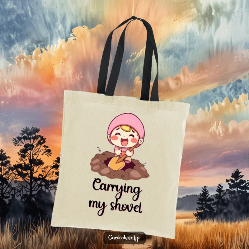 Funny tote bag with an excited character enthusiastically digging with a tiny shovel, perfect for carrying supplies humorously.