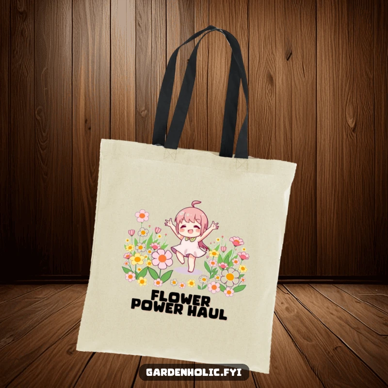Funny tote bag with a little character doing a victory dance amongst blooming flowers, great for carrying happy essentials.